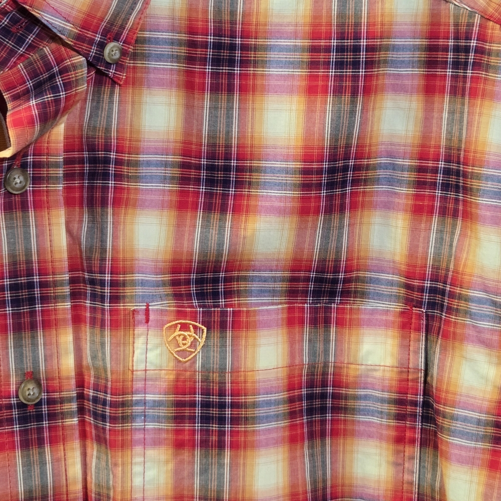 Ariat Pro Series Men's Red Orange Plaid Long Sleeve Button Down Stretch SIZE L